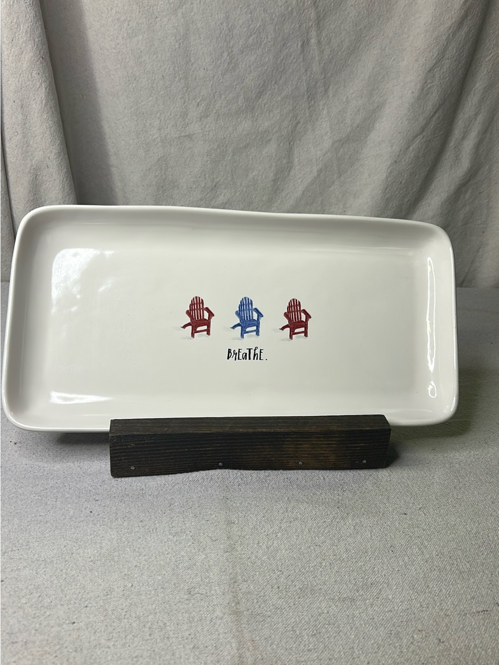 Rae Dunn White Ceramic Platter with Red and Blue Chair Motif